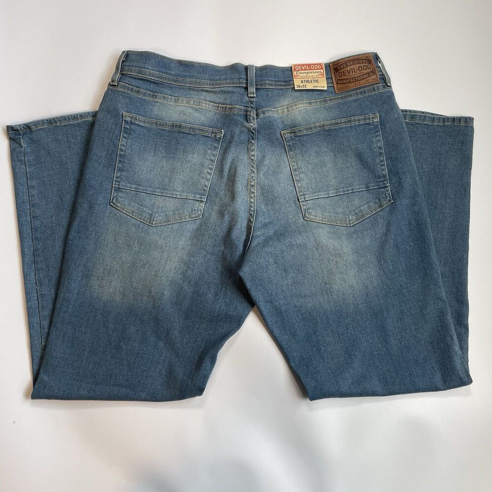 Devil Dog Athletic Fit Stretch Jeans Mens Denim Medium Wash Faded Size 36x32 NEW - Picture 2 of 15